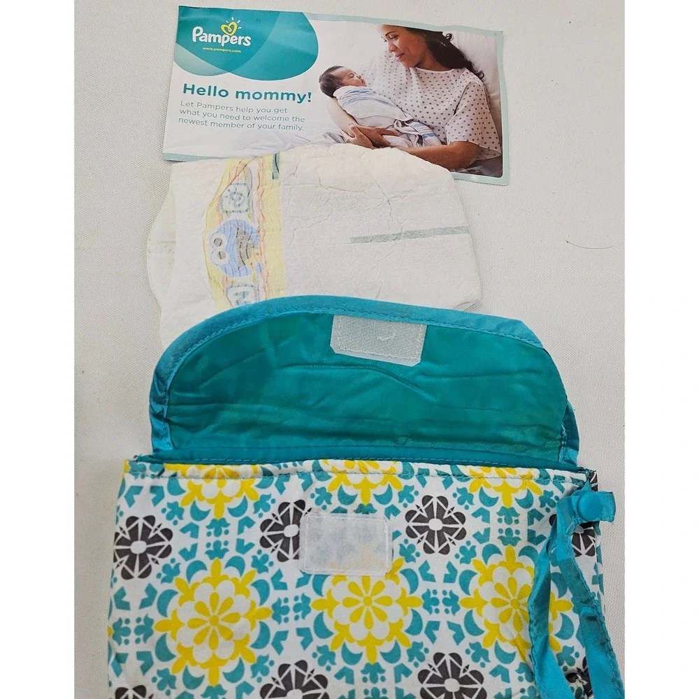 Pampers Diaper Clutch‎ Teal Yellow Floral Medallion Travel Pouch Set 4 Pack New